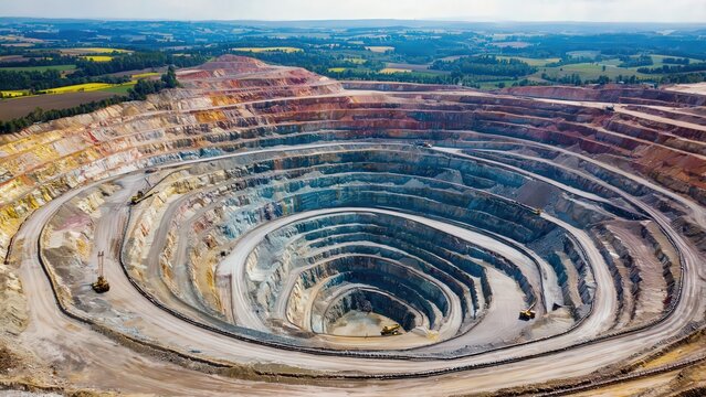 Massive Open-Pit Mine: Aerial View of a Large-Scale Mining Operation with Heavy Equipment and Striking Geological Formations