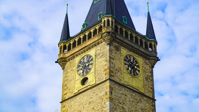 The clock tower of the old town hall in Prague. The Old Town Hall was established in 1338 as a seat of Prague's Old Town administration. 