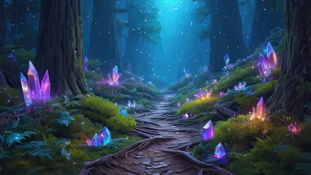 Magical Crystal Forest Path - Fantasy Landscape with Glowing Gems and Ethereal Light, Digital Art Stock Photo