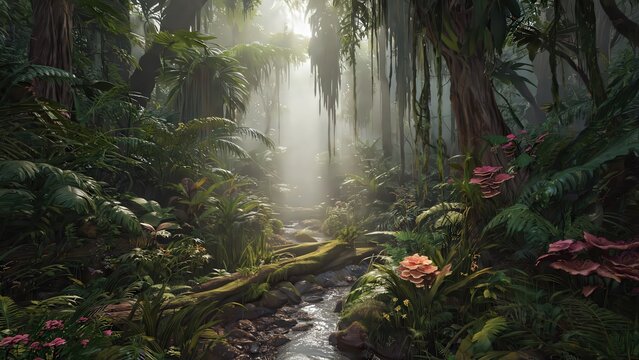 Lush Tropical Rainforest Scene: Sunlight Filters Through Dense Foliage, Stream, and Vibrant Flora - Stock Photo