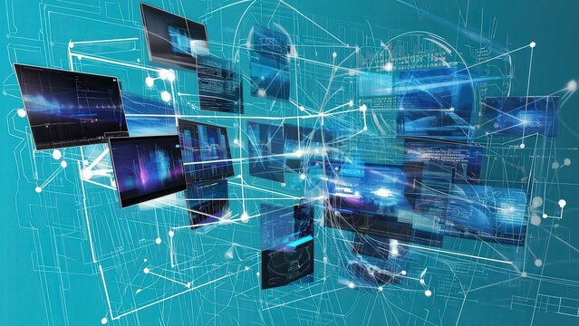 Digital Network Visualization: Abstract Data Flow, Connected Screens, Futuristic Technology, and Complex Information Systems.