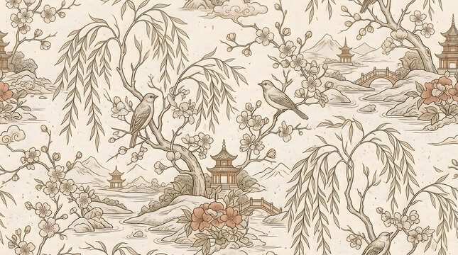 Seamless chinoiserie wallpaper pattern with traditional asian landscape birds and willow trees