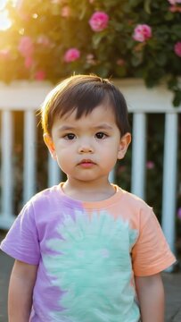 Toddler Boy Portrait: Cute Child in Tie-Dye Shirt Stands Outdoors with Roses and Sunlight, Happy Family Lifestyle.
