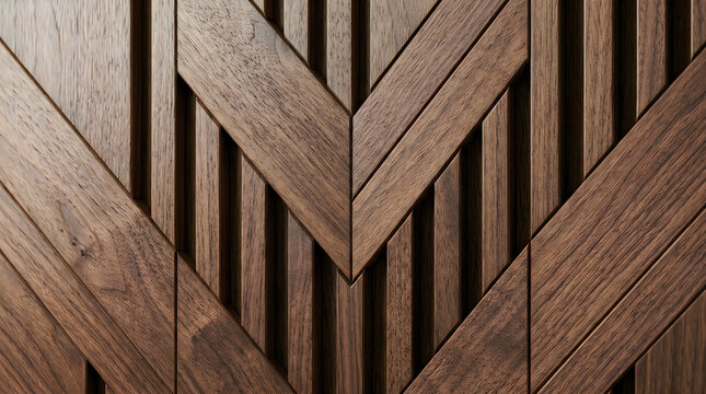 Abstract geometric wall pattern with wooden planks and dark metal vertical slats