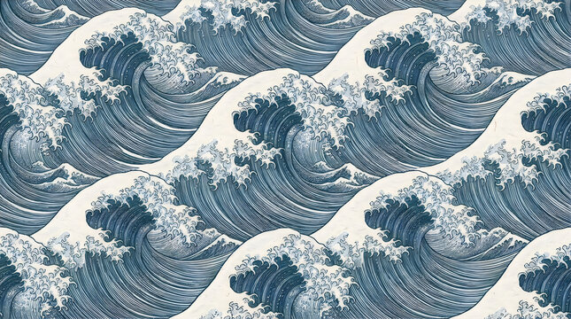 Seamless pattern with stylized japanese ocean waves in blue and white colors