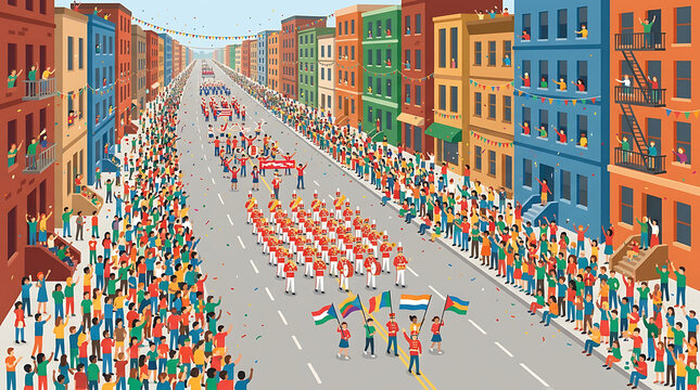 Festive street parade in a city with a marching band and cheering crowds