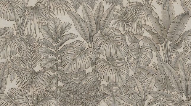 Dense tropical jungle forest with many green palm leaves and lush exotic plants in the wild nature