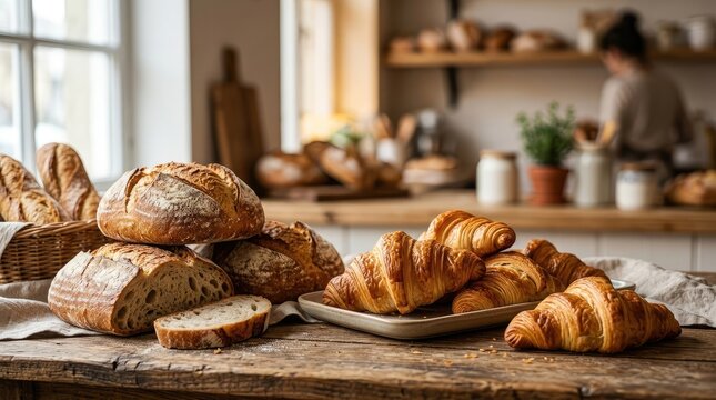 Freshly baked breads and pastries on wooden countertop in bakery