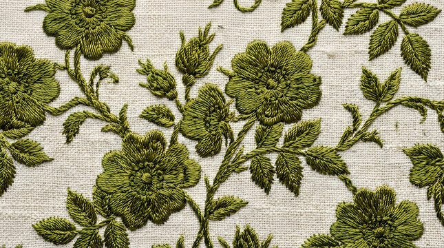 Green floral pattern with embossed rose flowers and leaves on a light textured background