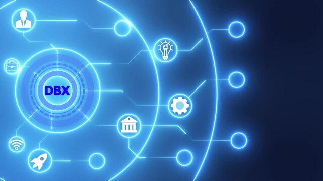 D B X Database Management System Concept with Interconnected and Futuristic Interface interconnected technology on Dark Blue Background.4k animation video