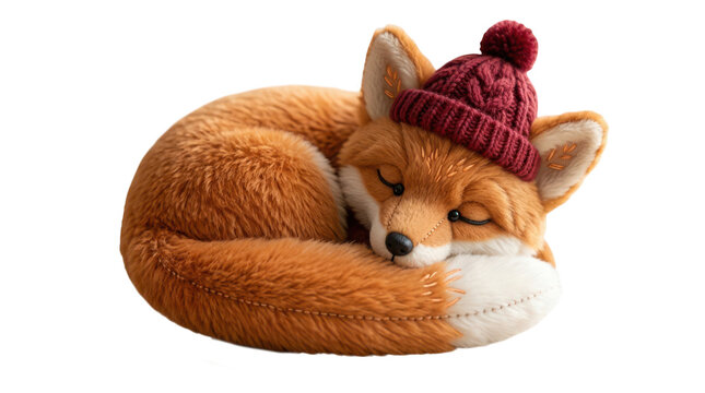 Cute sleeping plush fox toy wearing a cozy knitted red winter hat isolated on transparent background