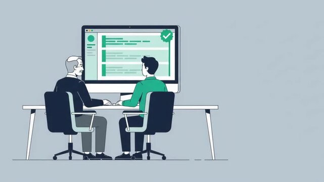 2D flat animation of business colleagues collaborating on a computer task with a checkmark validation