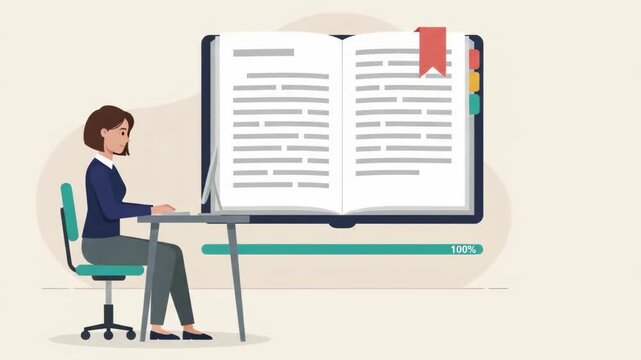 2D Animation of a Woman Studying Online with a Large Digital Book and Loading Progress Bar