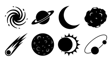 Space and astronomy silhouettes set with galaxy, planet, moon, comet, sun eclipse and orbit for science and travel logo © Tareq
