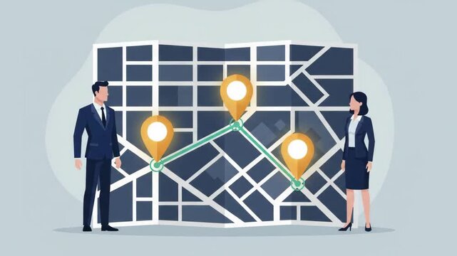 Business professionals planning a strategic route on a city map with GPS location pins