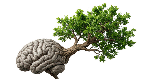A human brain with a tree growing out of it isolated on transparent background