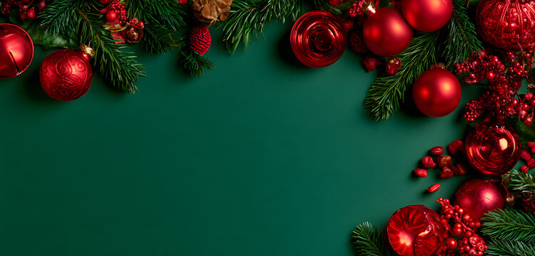Merry Christmas and festive greetings. Card, frame, banner, and New Year's wishes. Noel and red Christmas trees with decorations on a green background. Winter holiday theme, top view. Festive winter C