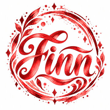 Finn Name in Elegant Red Watercolor Script with Floral Ornament