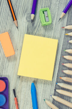 School supplies and stationery accessories using for development of creativity and kids motor skills