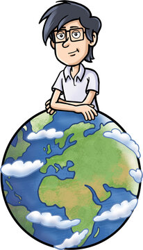 Smart boy leaning on planet earth, cartoon illustration isolated