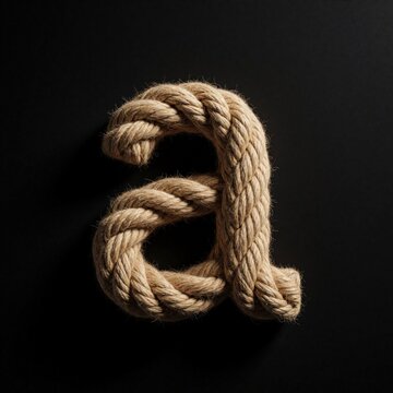 Letter Made from thick natural rope on black background. Single lowercase alphabet character crafted with twisted cotton cord. Minimalist 3D typography design for creative branding, nautical theme,