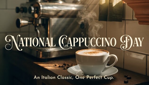 A steaming cup of cappuccino on a wooden kitchen counter