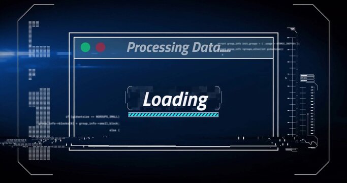 Displaying central app window pulsing on navy HUD, Processing Data header and Loading bar