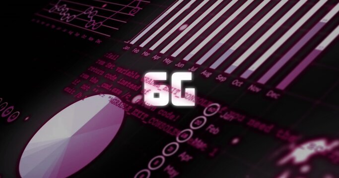Glowing white 5G logotype dominating digital dashboard layout, showing pie chart, bar chart, globe