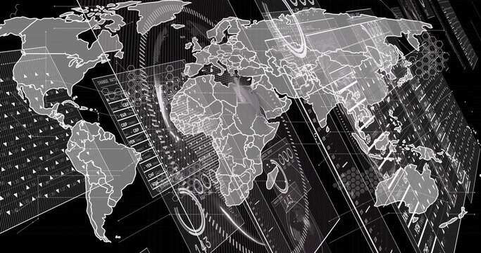 Displaying multi-layered global map HUD showing gauges, readouts, hex tiles over Africa, Eurasia