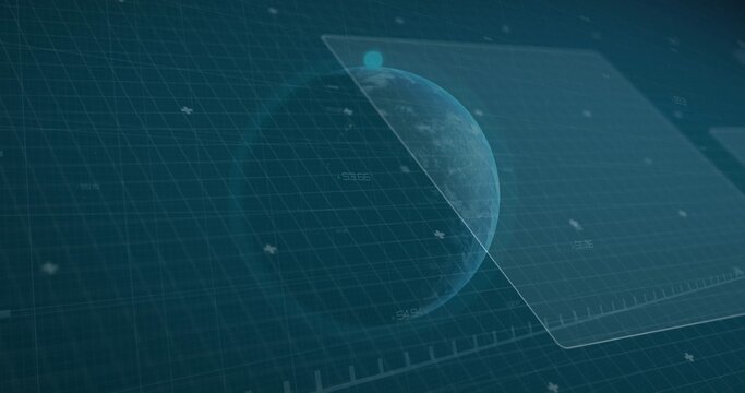 Displaying translucent globe rotating over 3D grid in virtual HUD, with UI panels and readouts