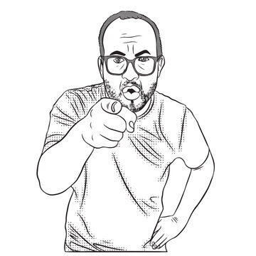 Adult man wearing glasses, with a beard and a stubble-style goatee, sporting a firm expression, pointing his right index finger straight ahead. Isolated on a transparent background.