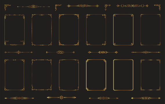 Golden decorative ornate frames and borders with dividers on black for luxury design template