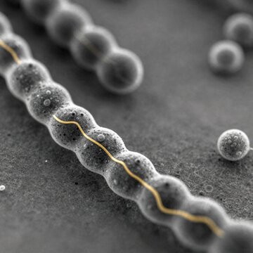 black white microscopic view group small round spherical objects objects appear microscopic organisms long thin yellow line running through center yellow line elongated extends top corner bottom