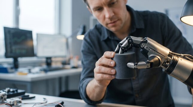 Engineer testing a robotic hand grip on a cylindrical object in a modern technical laboratory