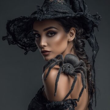 Mysterious Gothic Witch Wearing Black Lace Hat with Giant Tarantula
