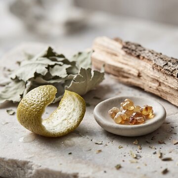 Citrus peel and resin incense on a stone surface with dried herbs