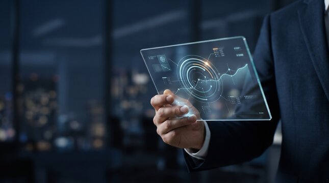 Business professional holding a transparent glass tablet displaying digital financial data and analytics in an office