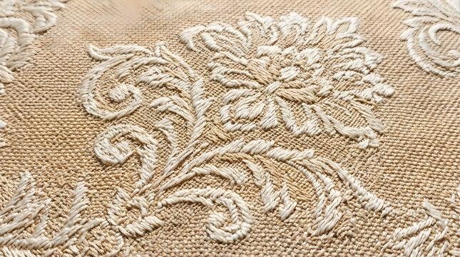 Elegant floral pattern embossed on a textured light green and orange fabric background