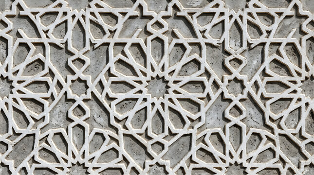 Traditional islamic geometric pattern with intricate carved stone design and floral star shapes