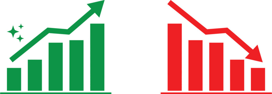 Business growth and profit increase graph with success sparkles versus financial decline chart vector illustration