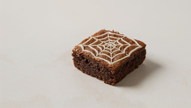 A piece of brownie with a spider web design on it, great for food photography and Halloween themed illustrations