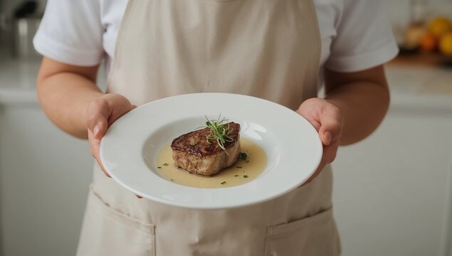 A person holding a plate of food in a kitchen, perfect for a food blog or recipe website