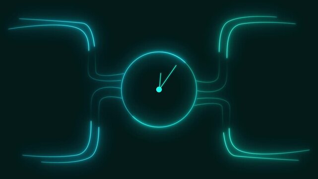 Clock face animation tracks hours across active circuit tracks. Precision digital time management telemetry coordinates guide clock face animation. Systems use the clock.