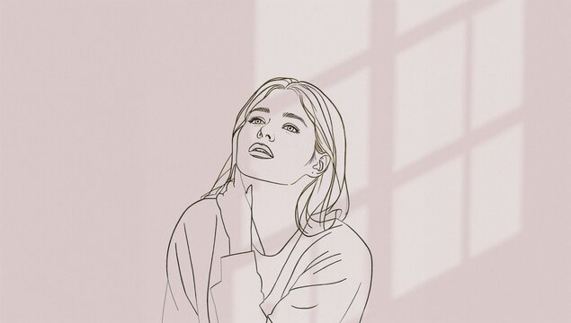 A woman looks out a window, lost in thought