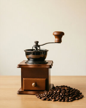 Roasted coffee beans beside a manual grinder