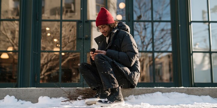 Young man sitting on snowy ledge outside storefront checking smartphone for winter lifestyle background and casual urban street scene