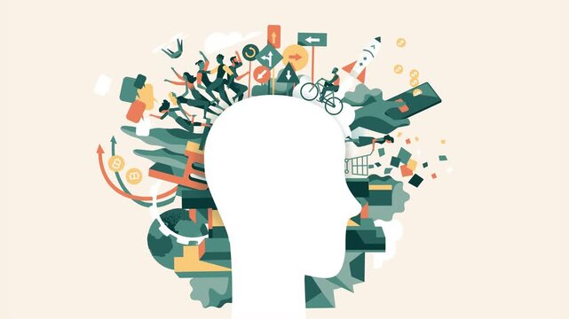 All around your mind: animated flat vector loop of a human head profile filled with ideas, people, rocket, bitcoin, city and shopping cart, creativity and thinking concept
