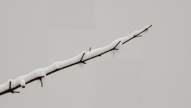 A tree branch covered in snow and icicles