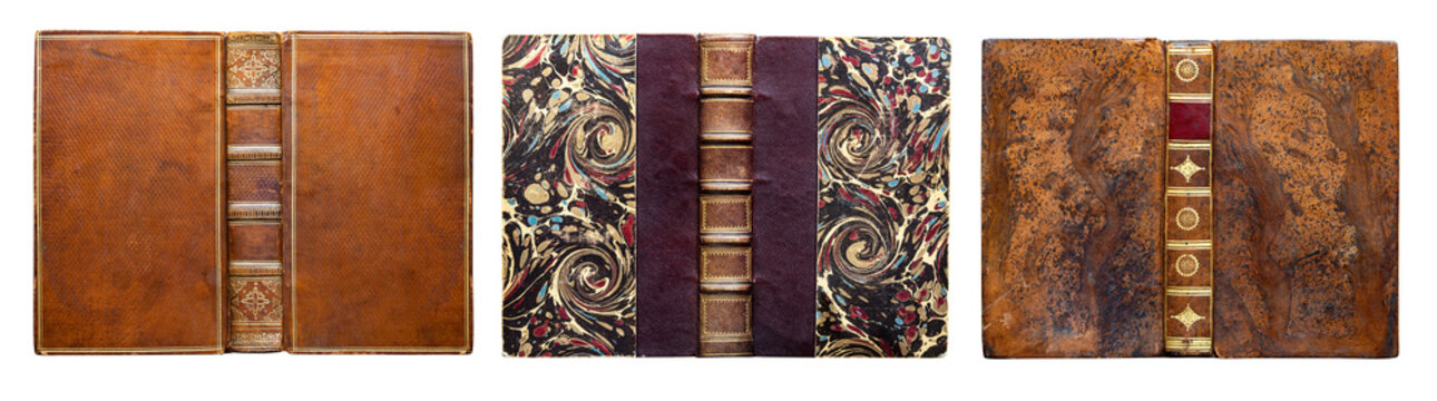 Antique hardcover book with an ornate decorative binding made of cloth and illustrated cardboard, featuring rich gold embossing and vivid colors. Isolated on a white background .