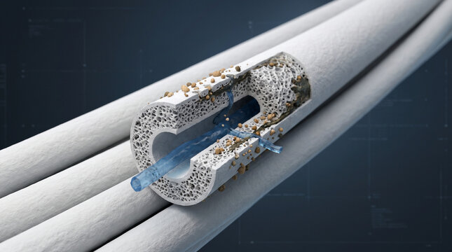 Microscopic Cross Section of a Hollow Fiber Membrane Exhibiting Mineral Fouling